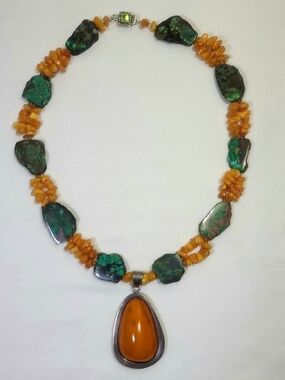 Egg Yolk Butterscotch Baltic Amber & Turquoise Sterling Silver Pendant Necklace